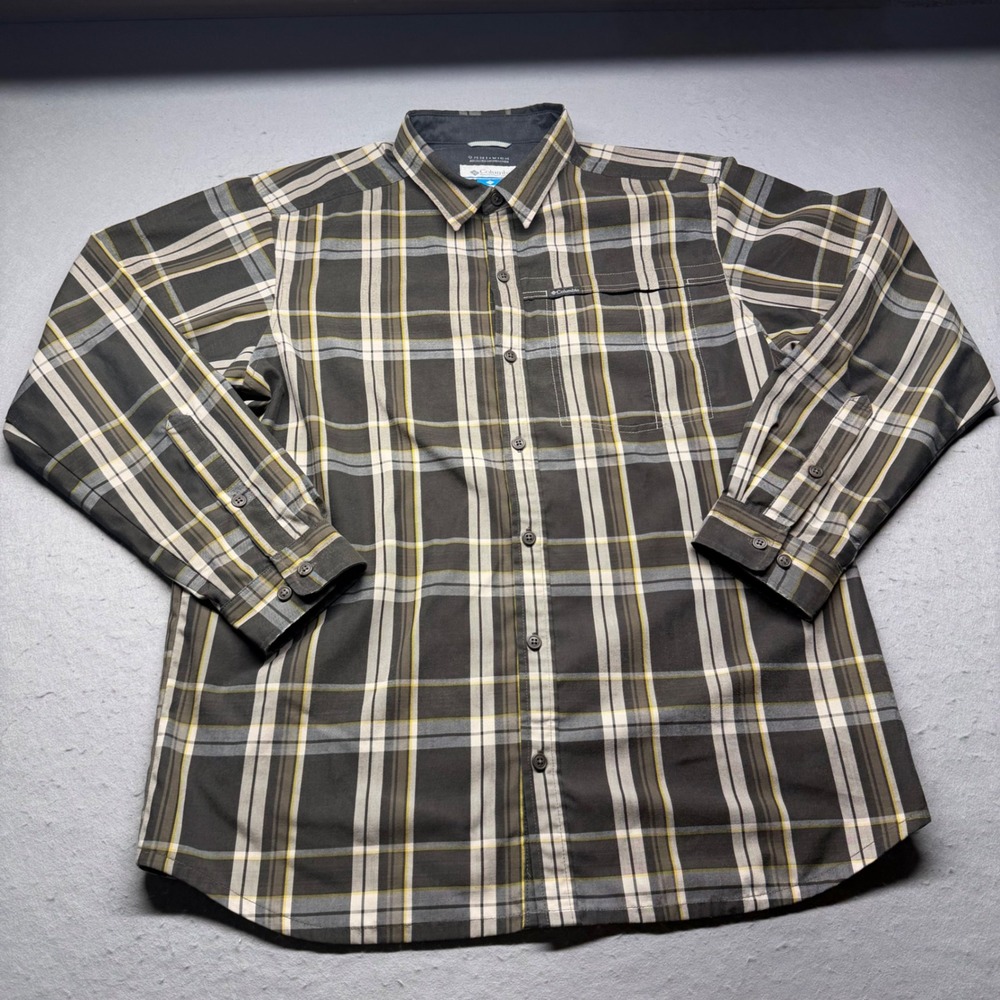 Columbia Shirt Mens L Grey Plaid Omni-Wick Long Sleeve Button Up Outdoor Hiking